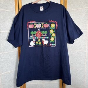 Vintage Grannycore Cottagecore Shirt 2XL 90's Short Sleeve Tee‎ Farmhouse Navy